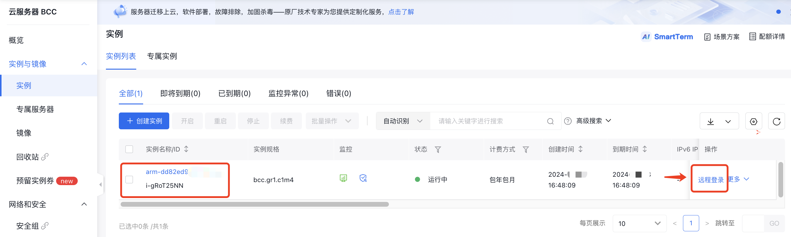 实例列表详情页面【远程登录】选项